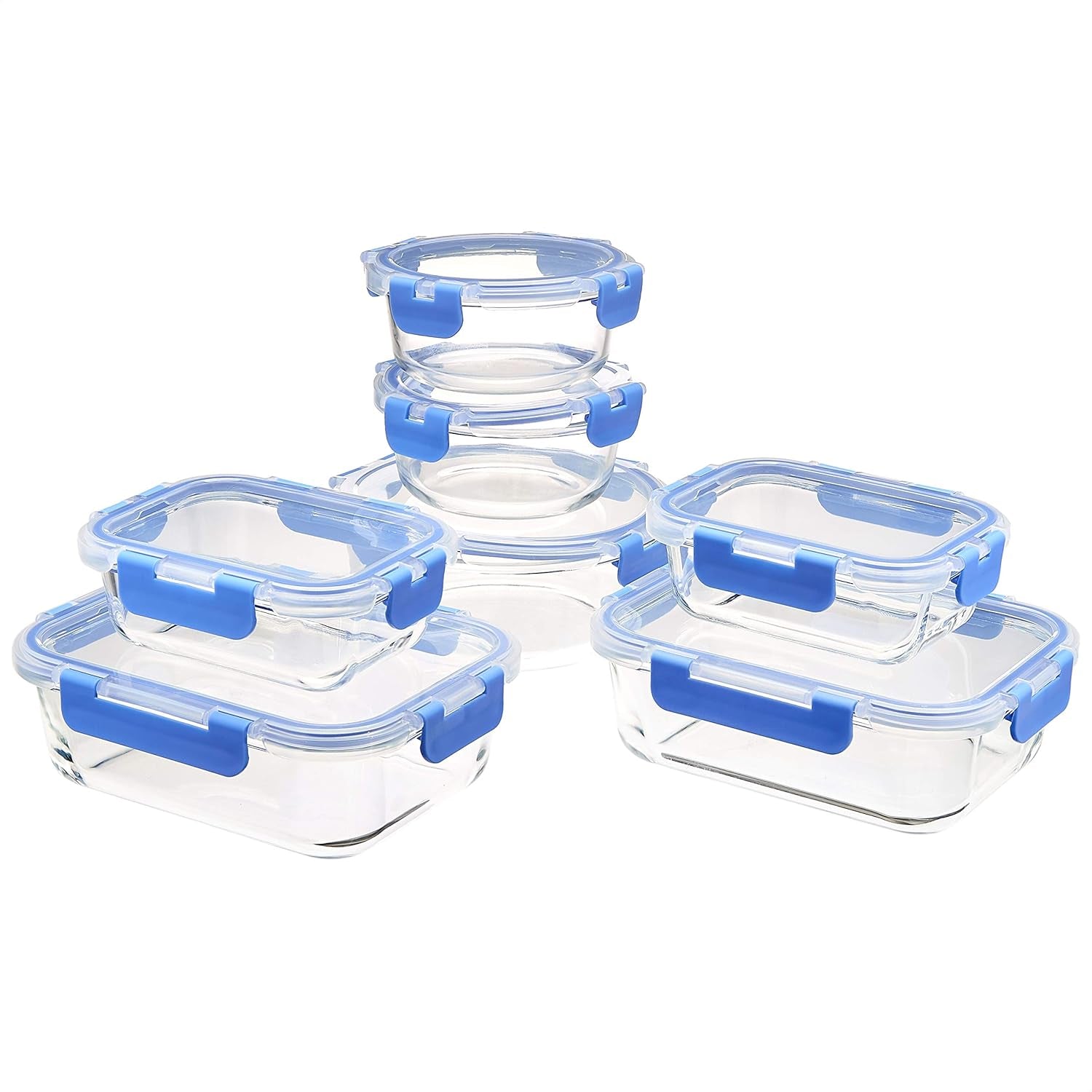 Amazon Basics madbeholdere med lufttætte glaslåg 14-stykke sæt BPA-fri 7 beholdere og 7 låg gennemsigtige med blå silikonetape Naty Shop madopbevaringsbokse 14 stykker