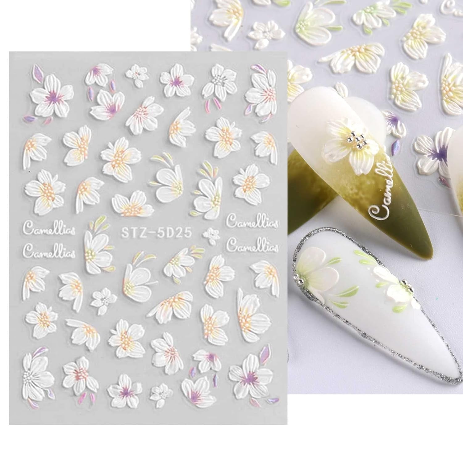 JMEOWIO 3D Nagelsticker Frühling Blume Nail Art Sticker Selbstklebend Nagelaufkleber 5D Stereoskopisk Blumen Dekoration Nageldesign Tilbehør 4 Blatt