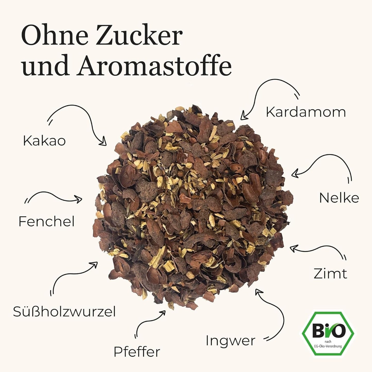 BIO Schoko Chai krydret te uden sukker, med kakaobælge, kanel, lakrids og andre aromatiske Chai-krydderier, 100 g