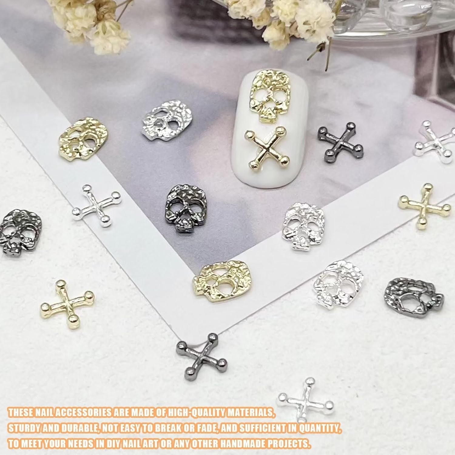 120 stk Cross Skull Nail Art Decorations Sæt Guld Sølv Metal Nail Art Charms Punk Legering Nail Art Smykker Mousserende Sten Tilbehør