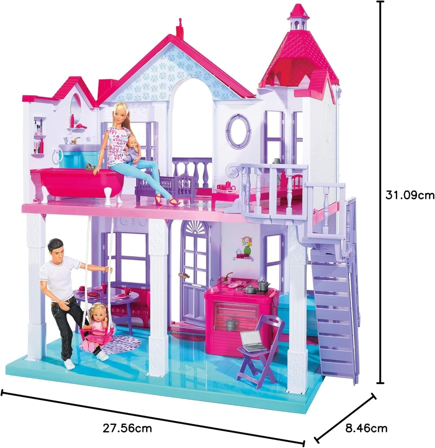 Simba 104661996 - Steffi Love Dreamhouse, Stort Legehus, 4 Værelser, INGEN DUKKERE, 84 cm høj, To Etager, Funktionel Klokke, Sammenklappelige Naty Shop Dukkehuse