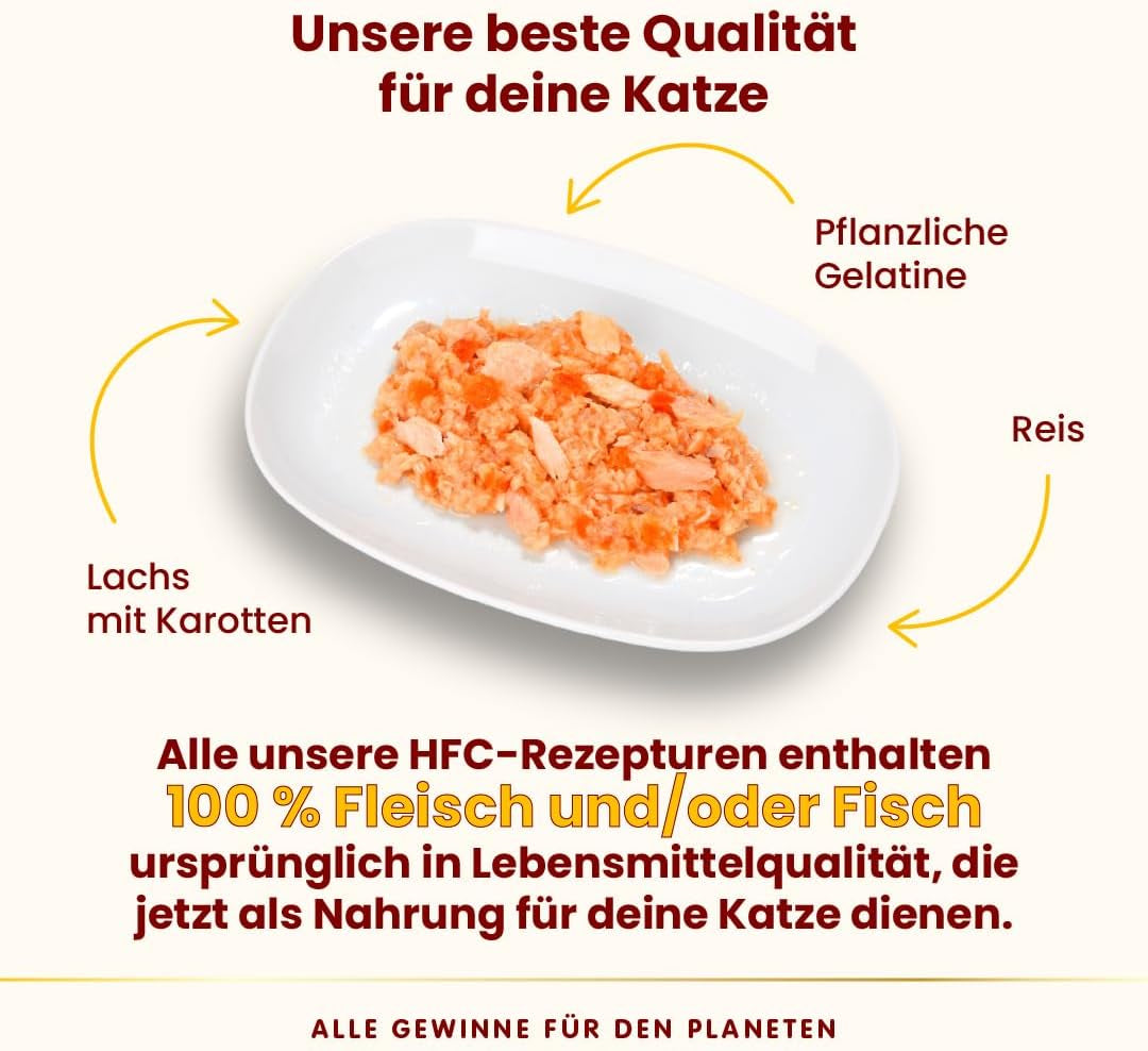 Almo Nature HFC Jelly - Vådfoder til voksne katte - Laks og gulerødder - Menneskelig kvalitet, glutenfri - 6 x 70g