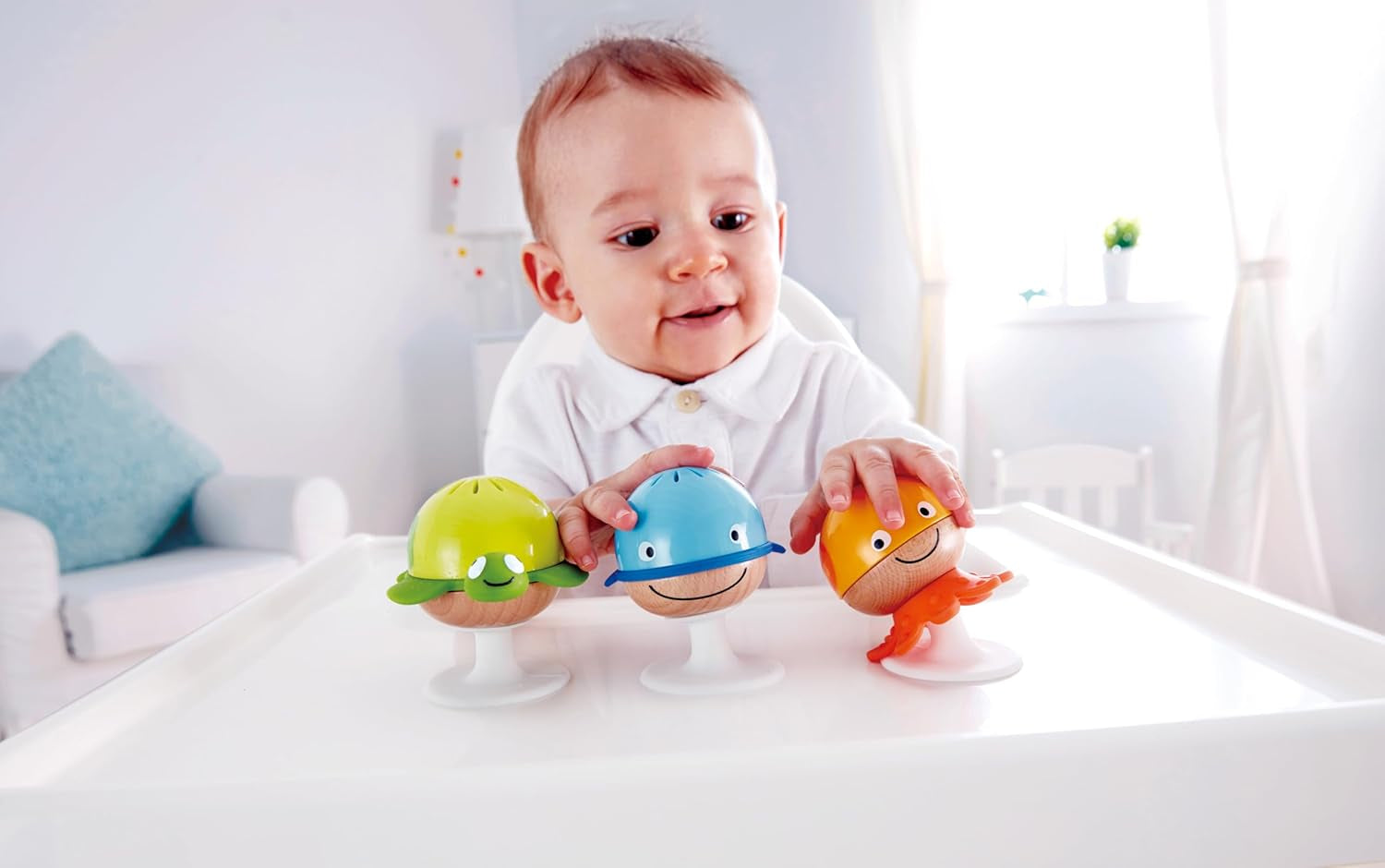 Ranglesæt med sugekop Hape | Tre dyr med bidering elementer, skildpadde, blæksprutte og hval | Læringslegetøj fra 0 måneder Bebe Toys Naty Shop