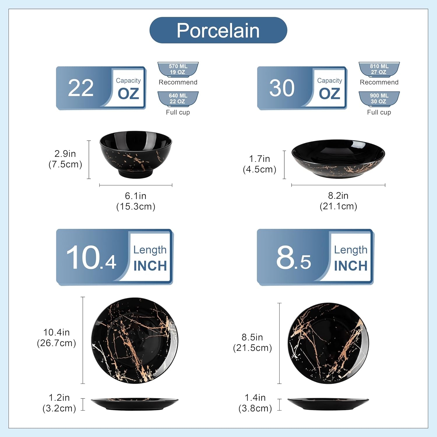 LOVECASA Daphne Series Porcelænsservisesæt SWEET 24-delt kombinationssæt Gulddesign Middagstallerkener Desserttallerkener Korn skåle og middagstallerkener til 6