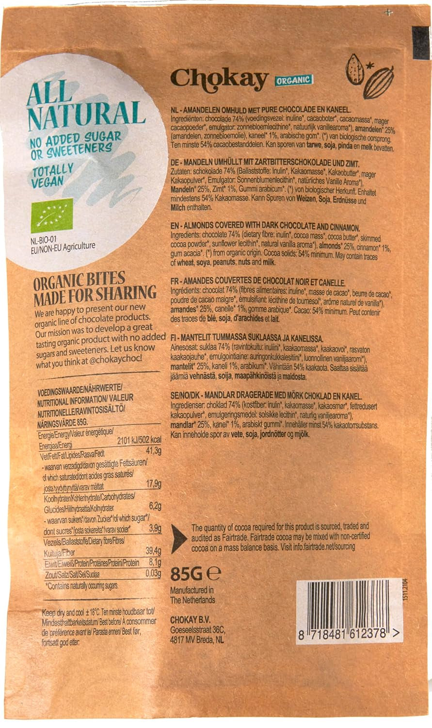 Økologiske bid - Kanelmandler og mørke belgiske chokolademandler / Ingen tilsat sukker, ingen sødemidler / Vegansk og fair trade / 1 x 85g