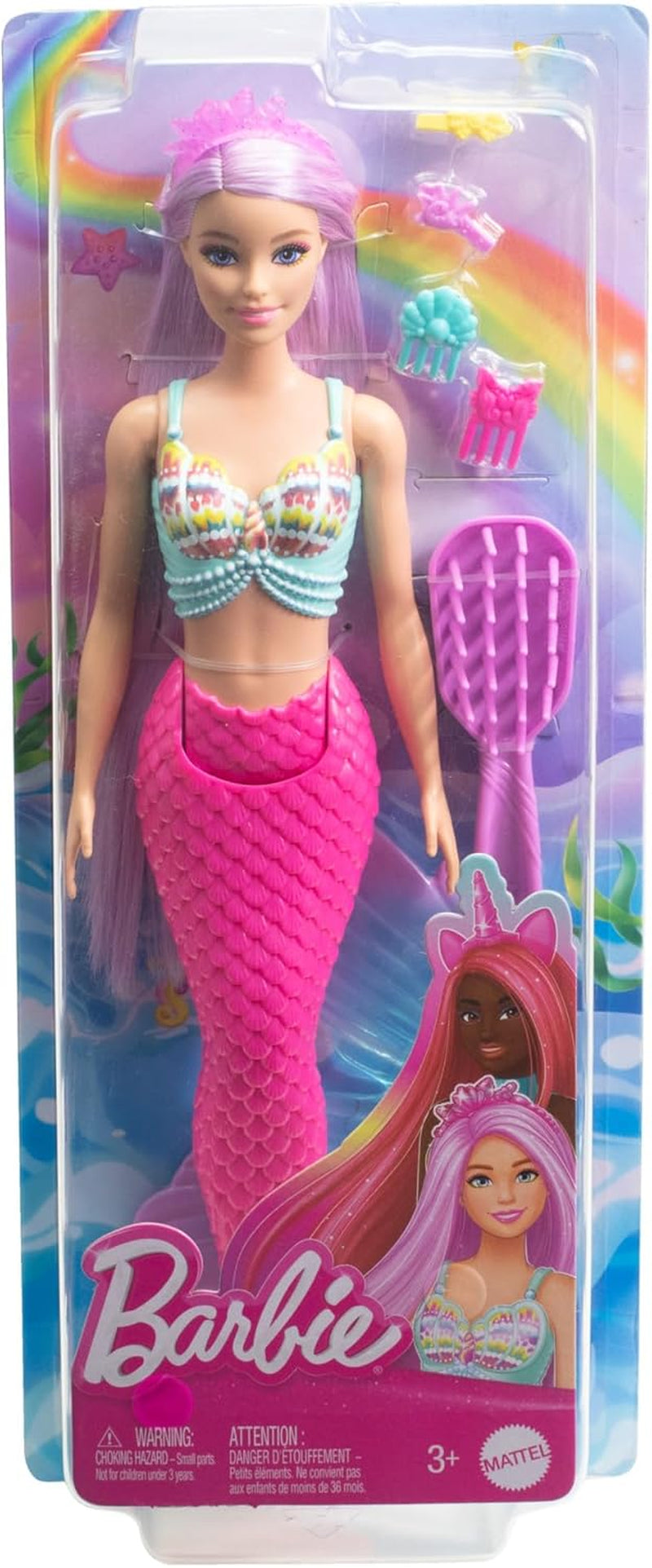 Barbie Havfruedukke - med langt lyserødt hår og tilpasset stylingtilbehør, inklusive børste, smuk skal og lyserøde finner, for alderen 3 og opefter, HRR00 Naty Shop Dolls