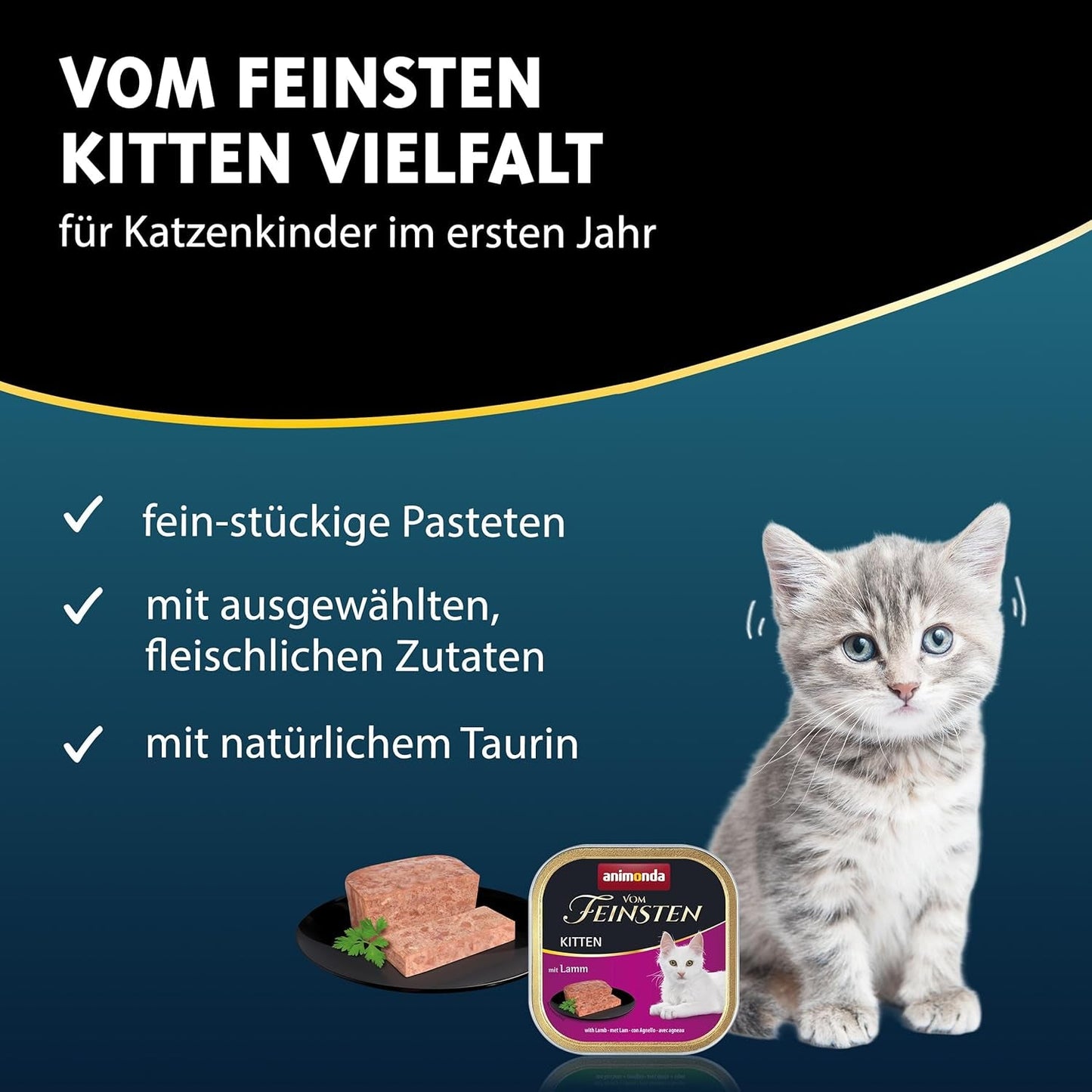 animonda Vom Feinsten Kitten Variety til killinger (32 x 100g), kornfrit og sukkerfrit vådfoder til unge katte med 100% friske og kødfulde ingredienser.