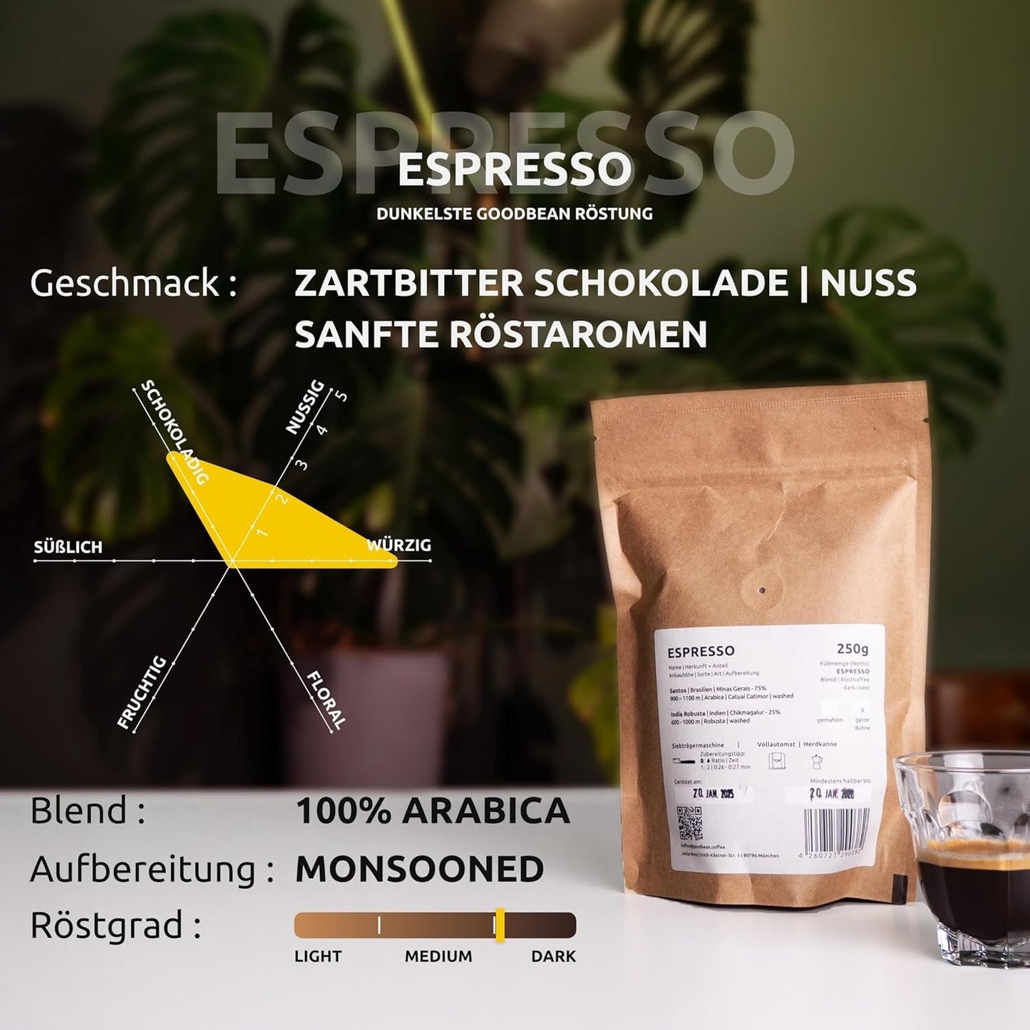 ESPRESSO | Kaffebønner 500g - 100% Arabica | Friskristet til fremstilling af espresso | Hele kaffebønner | Klassisk kaffesmag