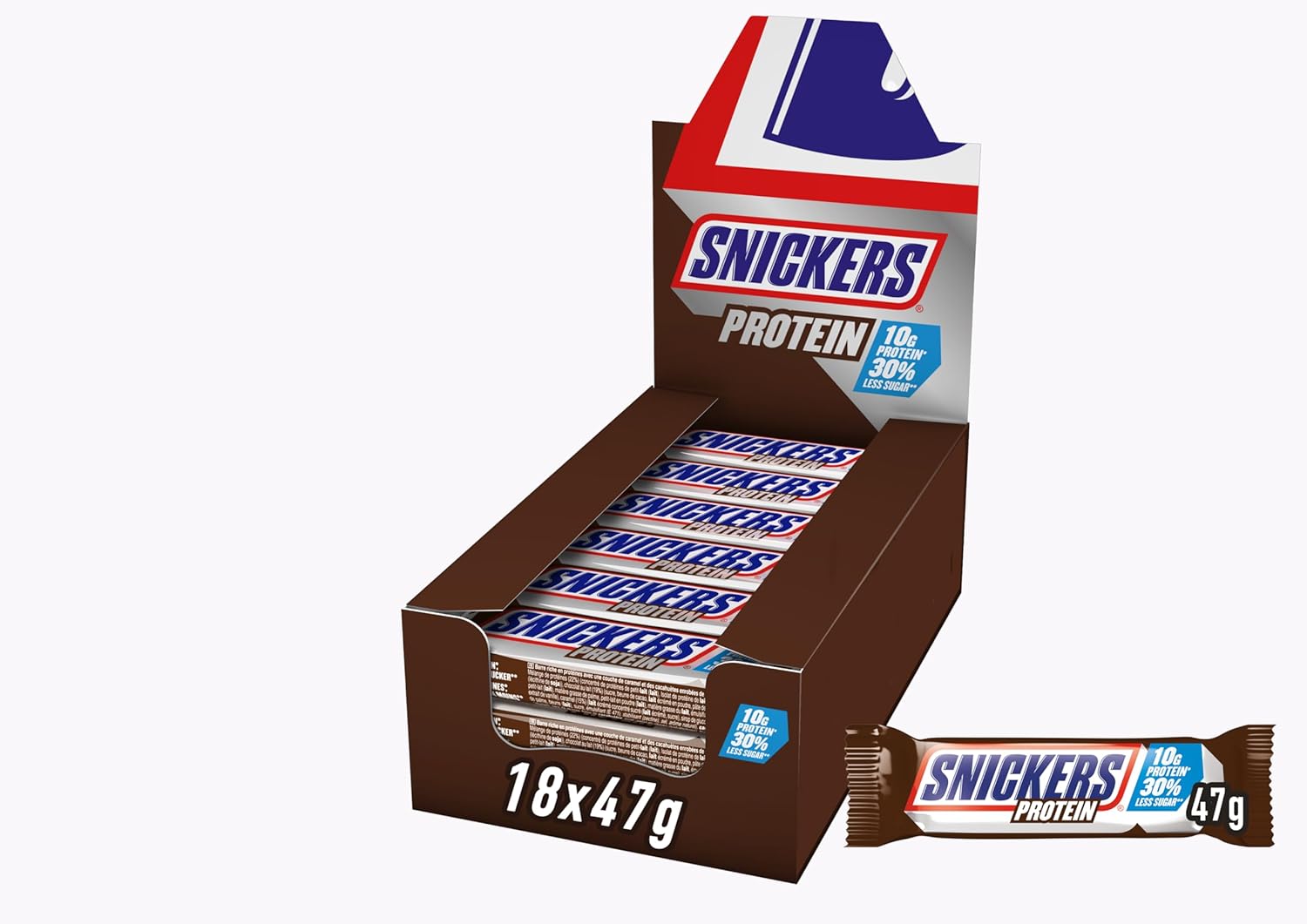 Snickers proteinbarer med chokolade - rig smag med hasselnøddekaramel og nougat, bulkpakke 18x47g