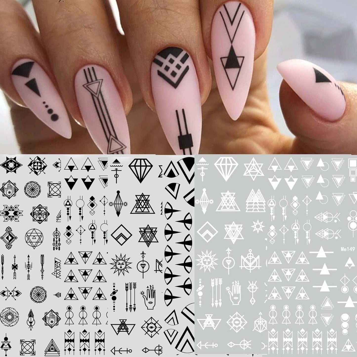 12 Blatt Nagelsticker Geometrisk Nagelaufkleber Selbstklebend Schwarz-Weißes Mysteriöses Dreieck Nail Art Sticker Dekoration Nageldesign Zubehör