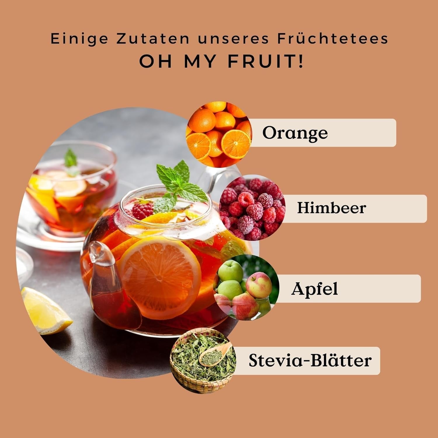 Oh My Fruit BIO frugtte 100 g (50 kopper) | Løs frugtte med æbler, hibiscus, hindbær, appelsiner og steviablade REPLANTEA