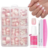 Sæt med falske negle - 240 stykker franske falske negle lim på - Pink White Gradient Design Kunstige negle Fuldt dækkende blød gel Naturlig og behagelig at have på (Pink Mandel)