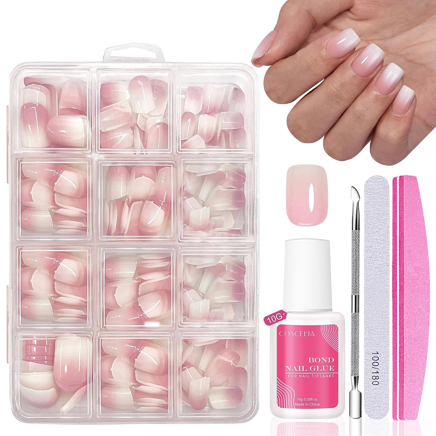 Sæt med falske negle - 240 stykker franske falske negle lim på - Pink White Gradient Design Kunstige negle Fuldt dækkende blød gel Naturlig og behagelig at have på (Pink Mandel)