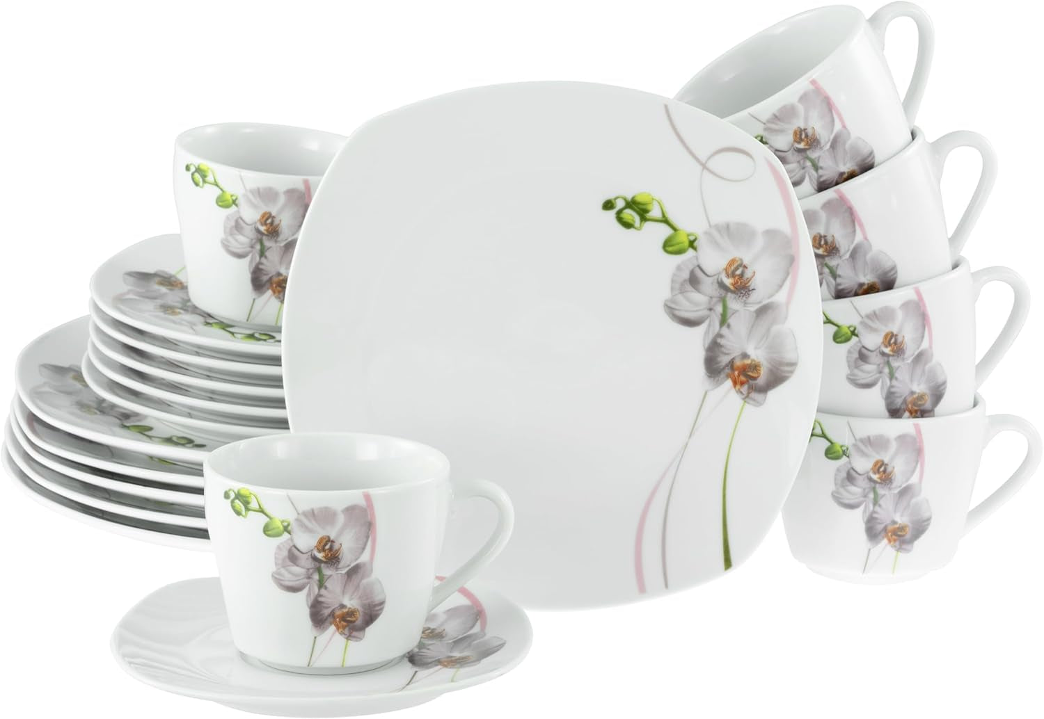 CreaTable, 24024, Square Orchid Series, 18-delt porcelænssæt til 6, Porcelænskaffeservice, Tåler opvaskemaskine og mikroovn, Kvalitetsfremstilling