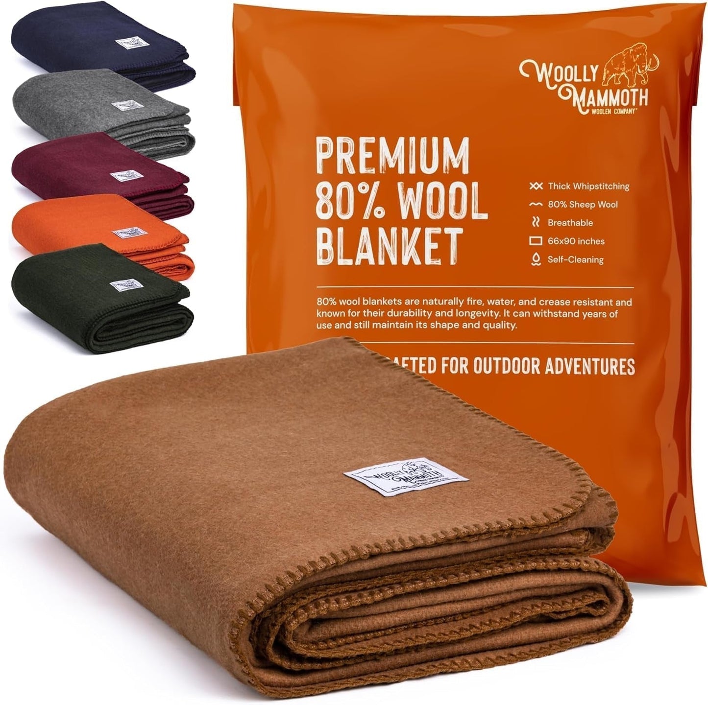 Woolly Mammoth Woolen Co. campingtæppe, ekstra stort, merinould, Det perfekte udendørsudstyr til bushcraft, camping, trekking, vandreture, overlevelse eller hyttetæppe. Brun, 168 X 228 Senge og tæpper Woolly Mammoth Woolen Company Browns 66" X 90"