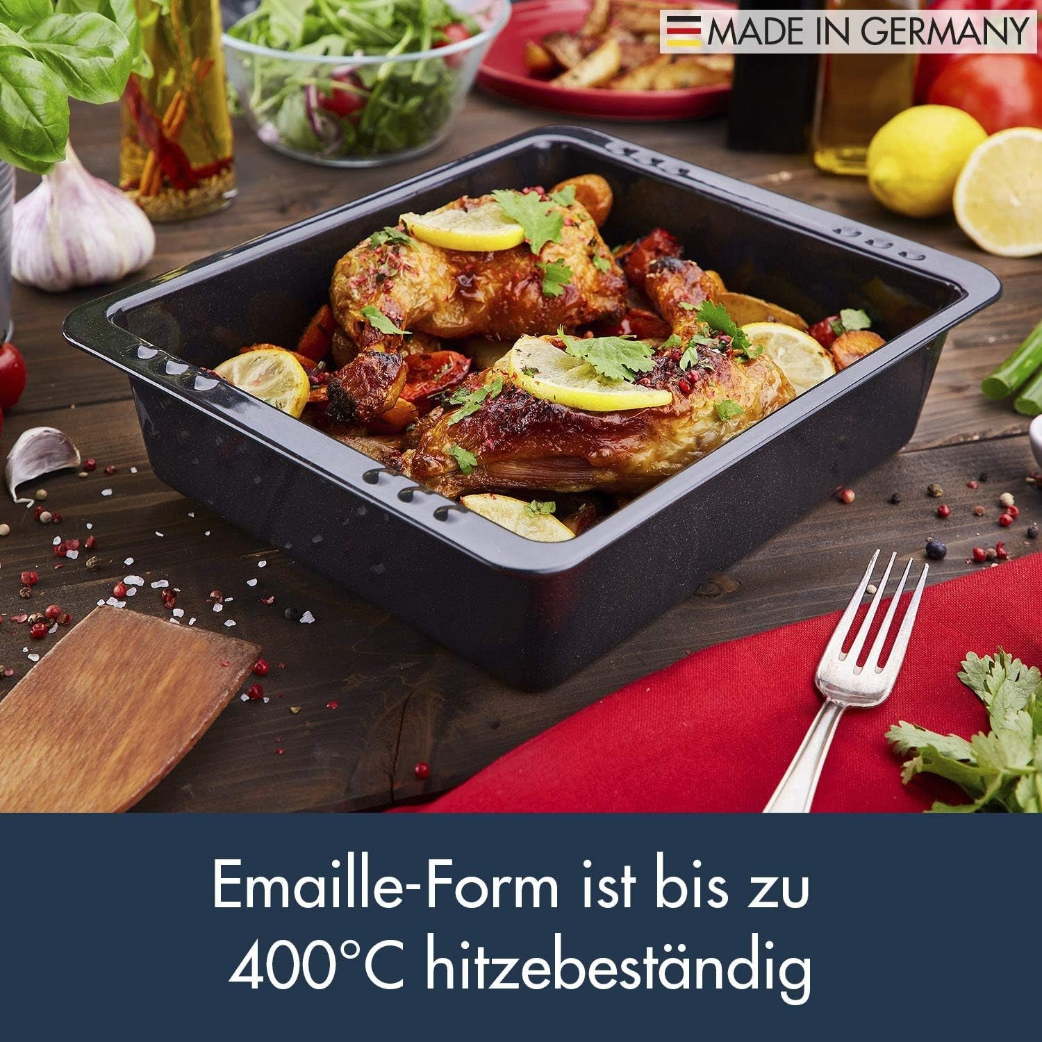 Chg SET 341-46-60 Extra Tiefe Ofenform (7,0 Cm) "Emaille" Mit Profi-Pfannenwender", Schwarz Gesprenkelt Forme og bakker til bagning Naty Shop