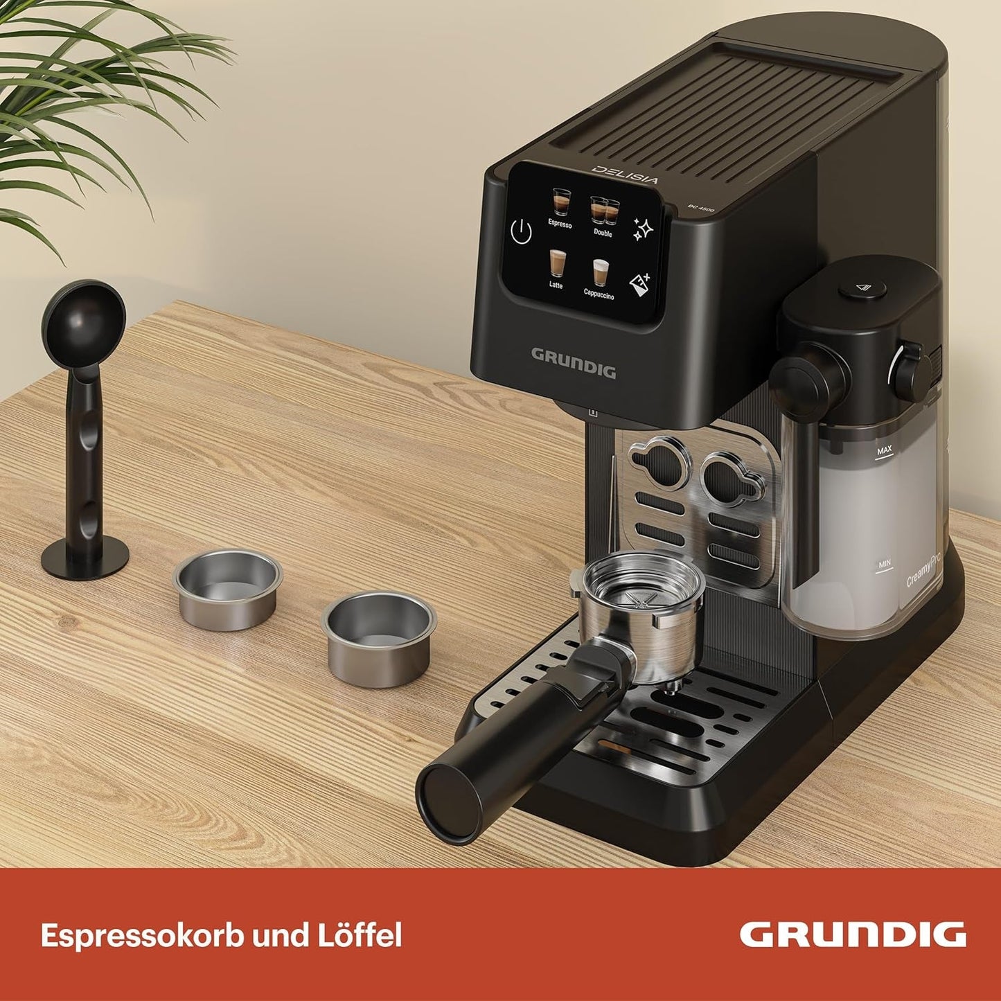 Portafilter espressomaskine GRUNDIG KSM 5330 med integreret mælkebeholder, effekt 1628 W, pumpetryk 15 bar, dobbelt mundstykke, farvetouchdisplay, BrewSense, CreamyPro, Mørk rustfrit stål/Sort