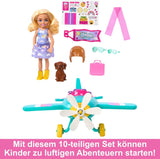 Barbie Chelsea flydukke og legesæt - pilotdukke, flyvemaskine, håndtag og historietilbehør, hjul og propeller med blomsterben, alder 3+, HTK38 Naty Shop Dolls