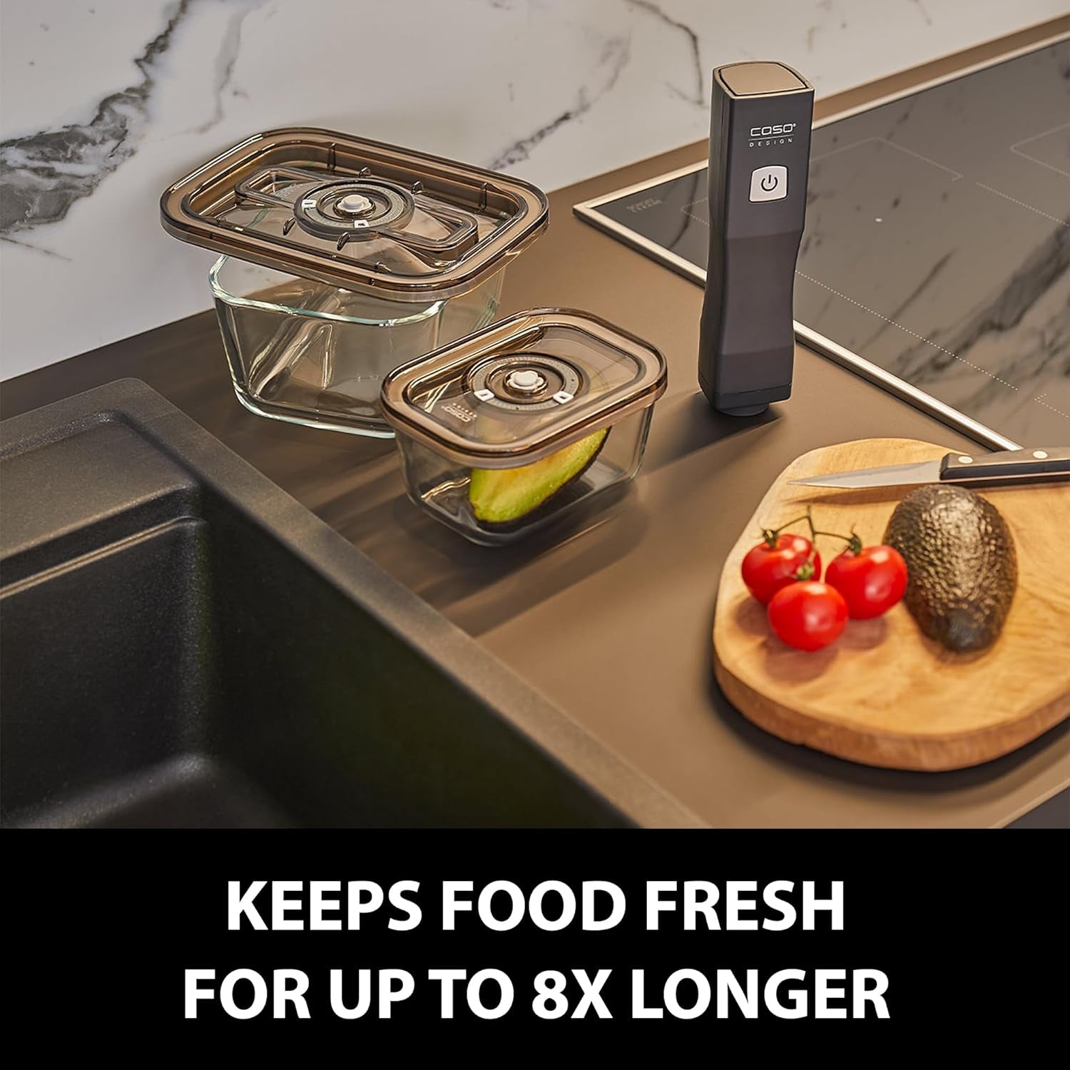 Caso Vacu OneTouch Eco sæt, manuel vakuumforsegler, inklusive 3 glasvakuumbeholdere og VacuBoxx Eco-Duo S - vakuumfriskhedsbeholder / 2 beholdere med hver 500 ml Madopbevaringsbokse Naty Shop