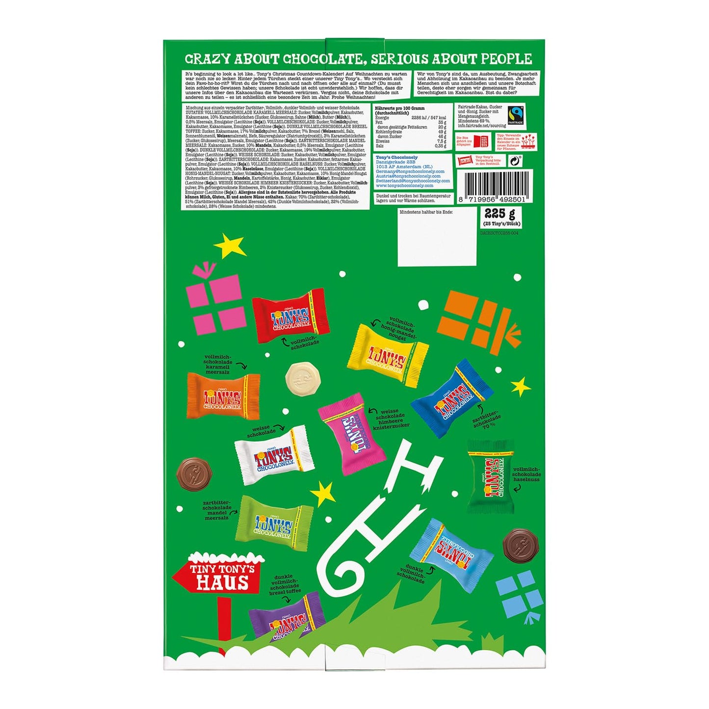 Tony's Chocolonely Fairtrade belgisk chokolade adventskalender - 24 dage, 10 lækre varianter