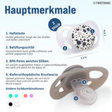 Twistshake babysutter – pakke med 2 | Ortodontisk form | Ultralet | Blød silikonesutter | BPA fri | Velegnet til babyer fra 6 måneder | Grå-hvid
