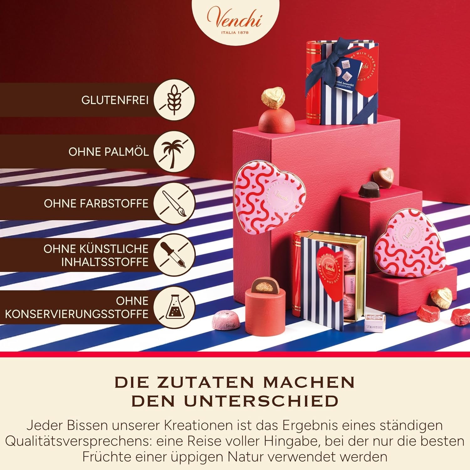 Venchi - æske med 9 forskellige chokolader, 175 g, glutenfri, ingen kunstige farver eller konserveringsmidler, gaveidé til Valentinsdag