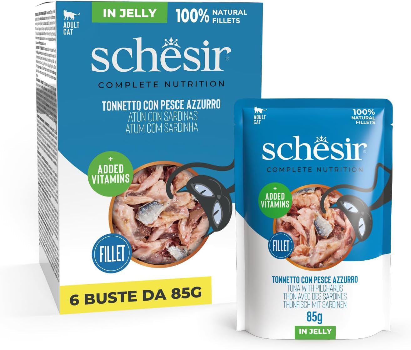 , Tun med blå fisk i gelé, komplet vådfoder til katte, i en pose, med yderligere vitaminer, 100% naturlig, 6 x 85 g