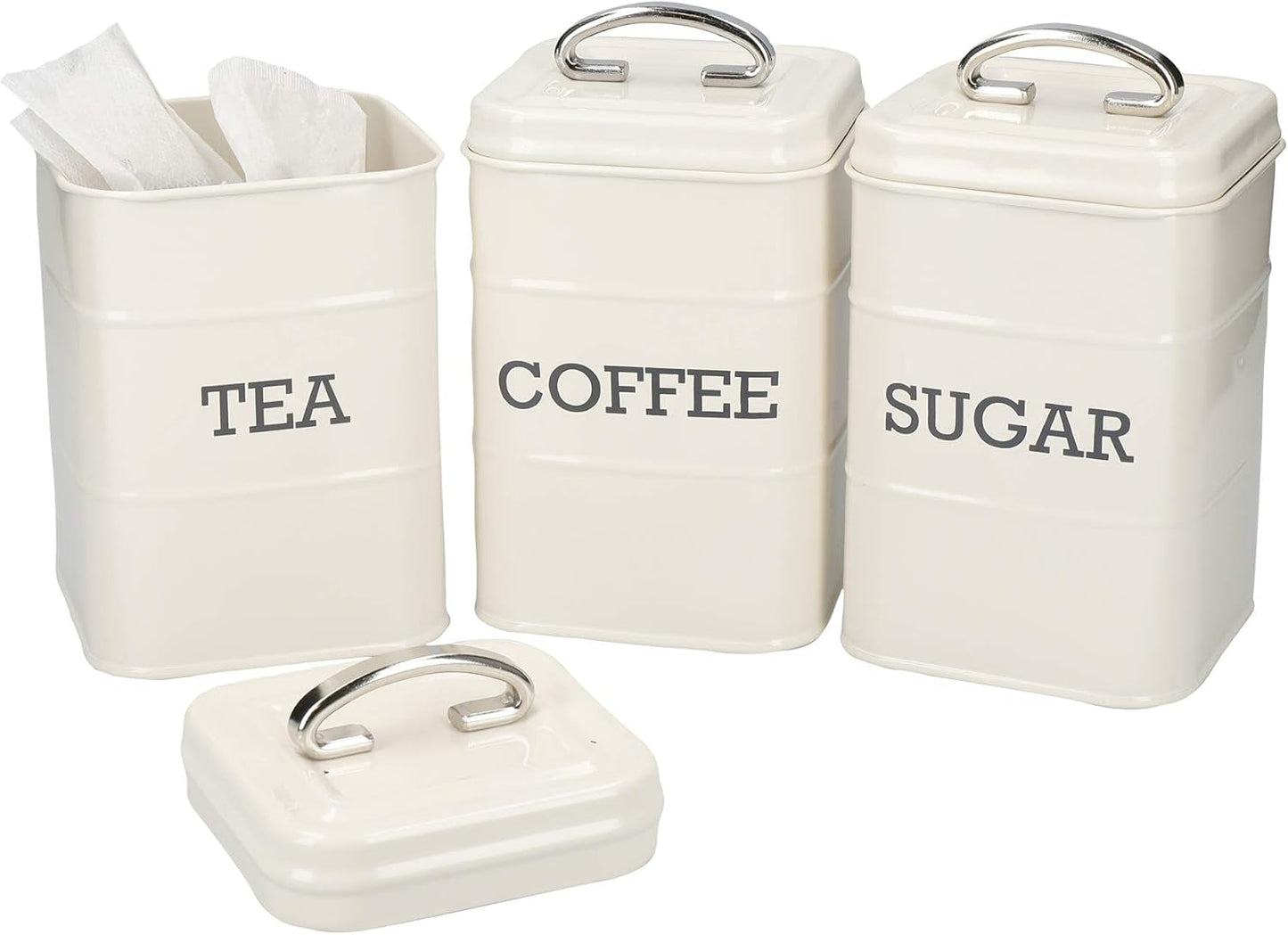 KitchenCraft Living Nostalgia sæt med 3 opbevaringskrukker til te, sukker og kaffe i gaveæske, stål, antik creme, 11 cm x 11 cm x 17 cm, vintage blå madopbevaringsbokse Naty Shop