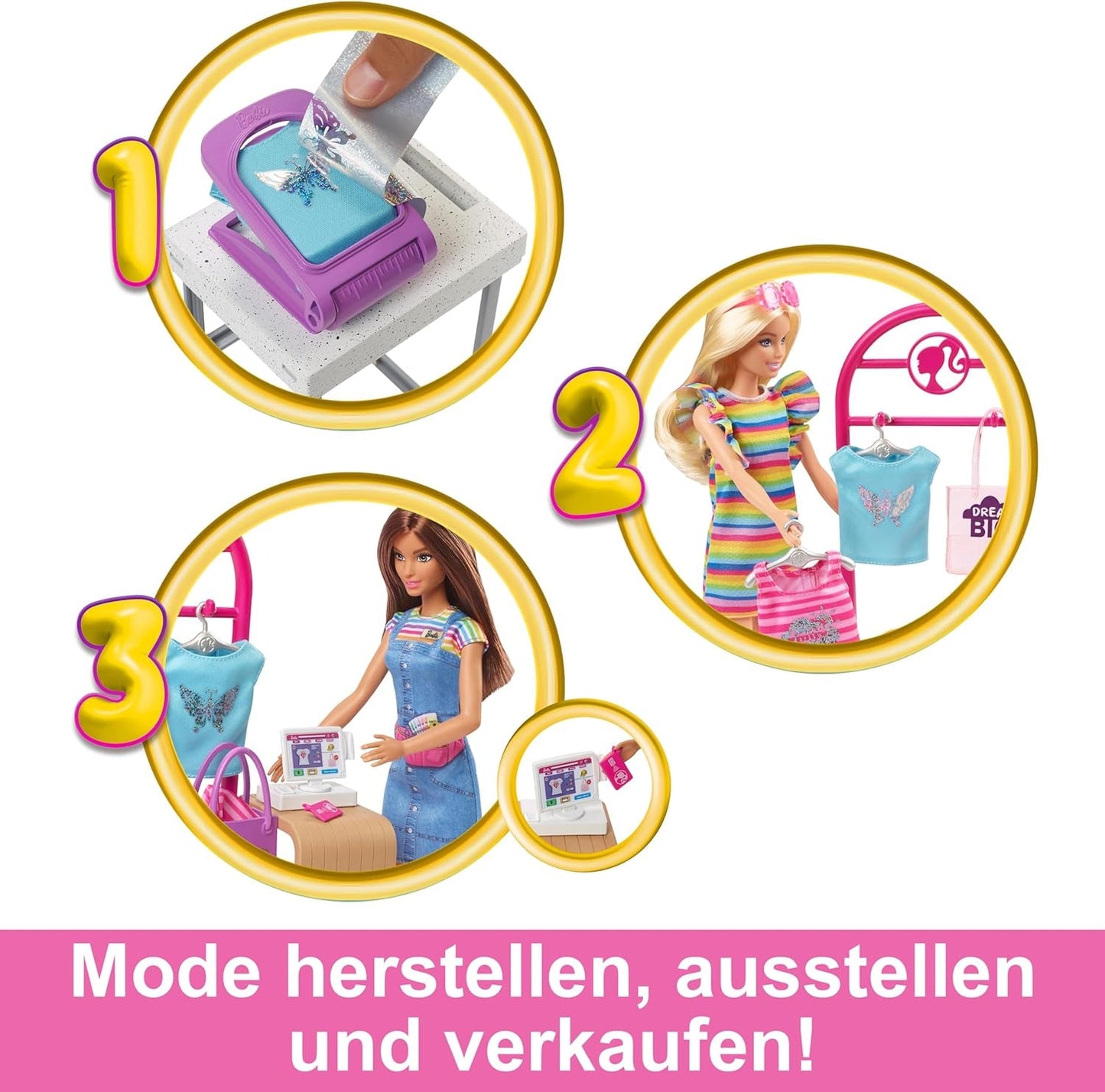 Barbie Fashion Boutique legesæt - foliemønsterdukke, over 150 originale looks, inkluderer 2 bluser og 5 folieark, tøjstativ og kreditkortlæser, 3+, HKT78