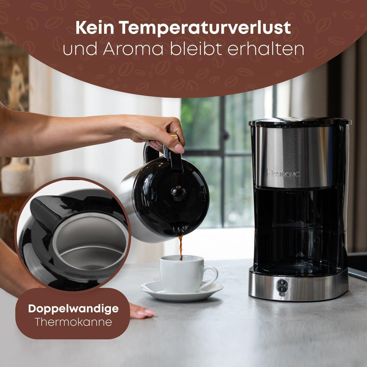 Clatronic® kaffemaskine med termokande til 8–10 kopper kaffe (ca. 1,2 l) | Kaffemaskine med filter i rustfrit stål | Dobbeltvæg termokande | Intet temperaturtab | Kaffemaskine 800 W | KA 3805