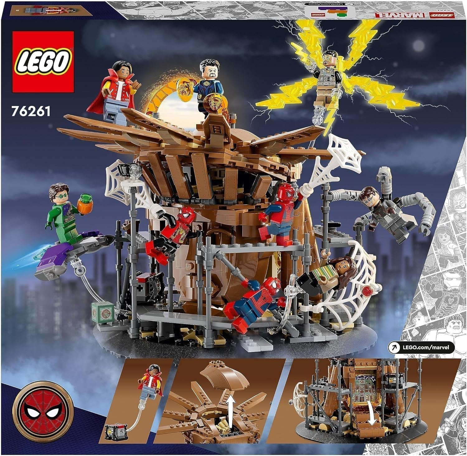 LEGO 76261 Marvel Spider-Man's Big Showdown, Spider-Man: No Way Home sæt med 3 minifigurer Peter Parker plus Green Goblin, Electro, Sandman, Ned, Doctor Strange og MJ, samlermodel Byggesæt Besuche den LEGO-Store