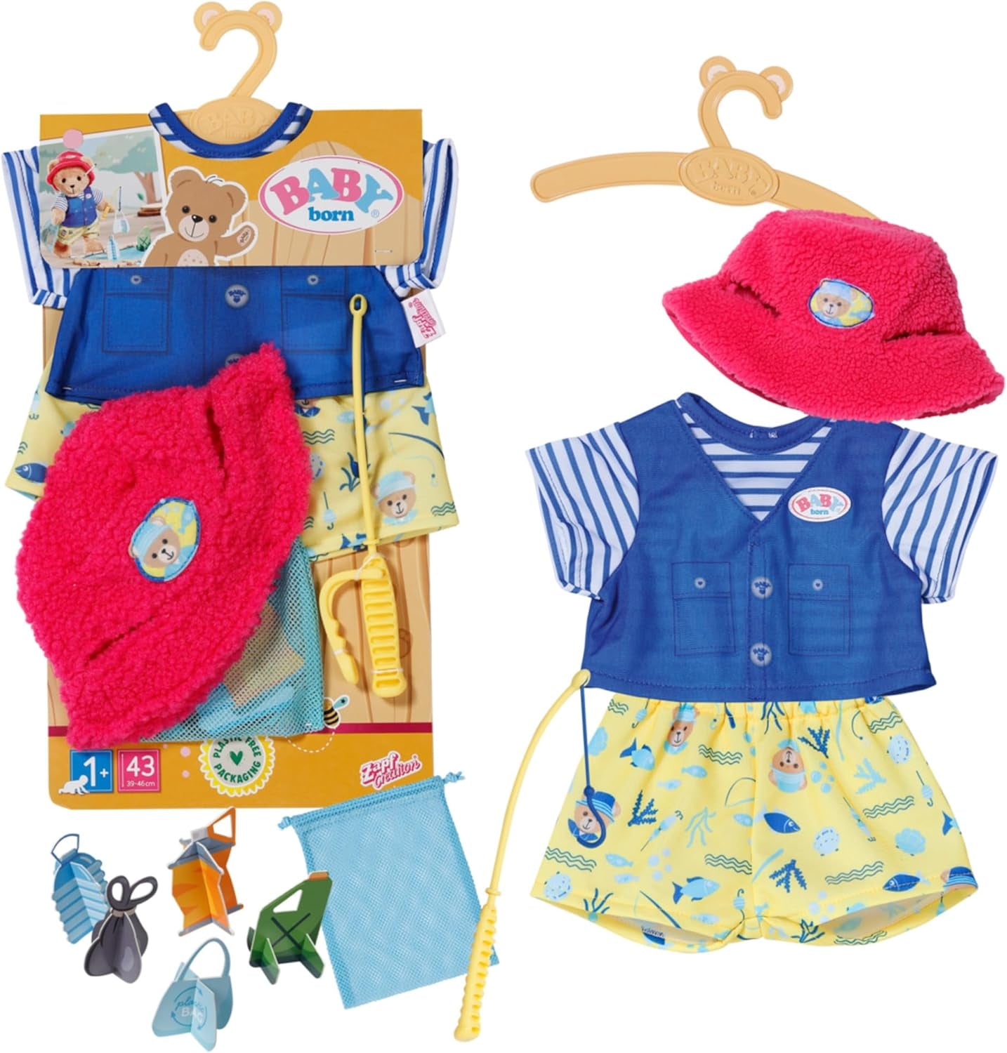 Baby født bamse lystfisker kostume med fiskestang til 43 cm dukker og bamse, 835982 Zapf Creation