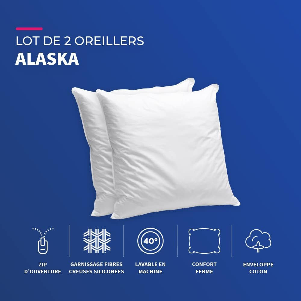 Blå Câlin sæt med 2 puder med fast komfort "Alaska", super fyld, 100% bomuld Percale konvolut, hvid, 65 X 65 cm Firkantet form Naty Shop Standard puder
