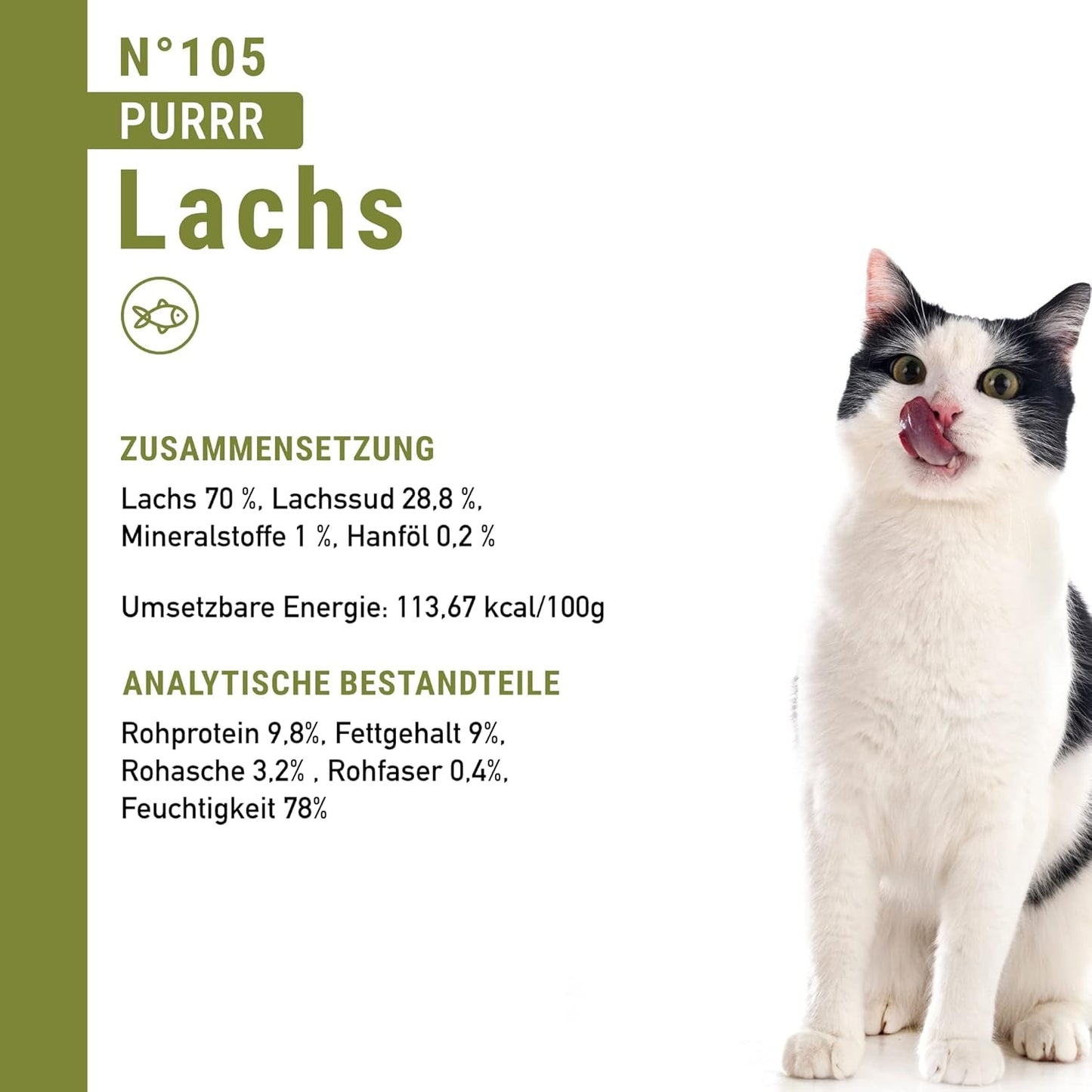 Våd kattefoder Catz Finefood Purrrr med monoprotein og laks nr. 105, til katte med følsom fordøjelse, 16 x 80 g