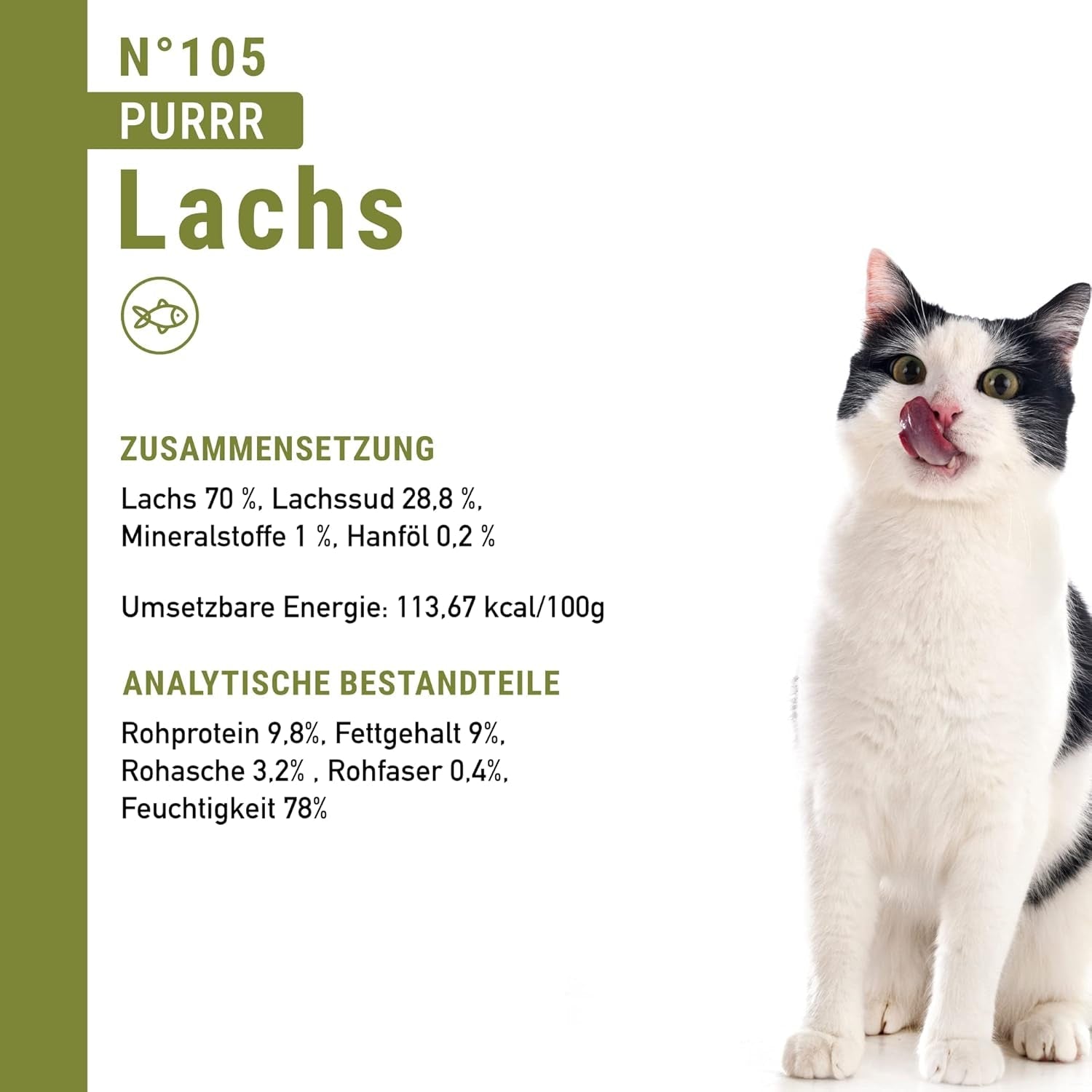 Våd kattefoder Catz Finefood Purrrr med monoprotein og laks nr. 105, til katte med følsom fordøjelse, 16 x 80 g