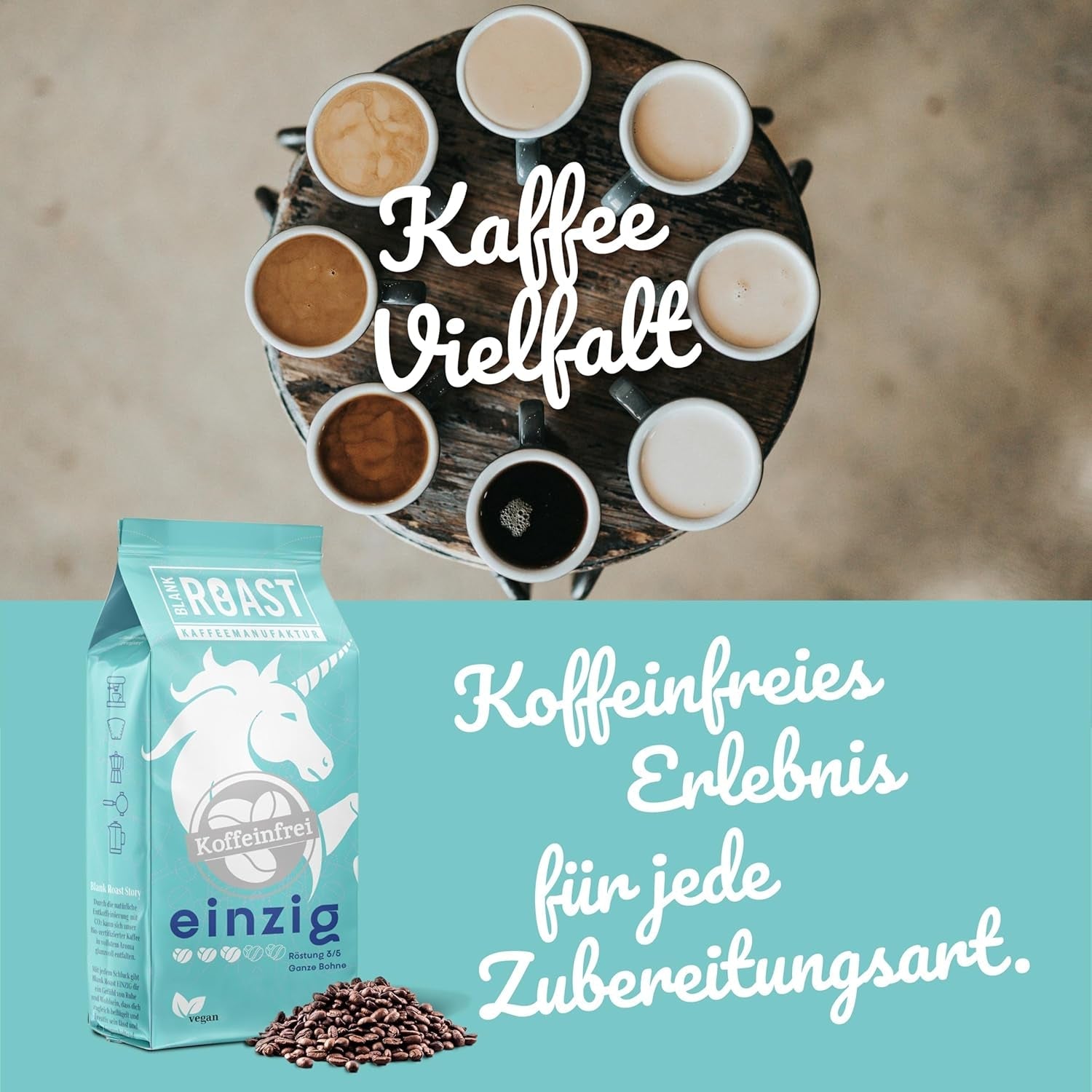 Blank stege - EINZIG - 1 kg - Kaffeebohnen kafeinfrei - 100% Arabica aus Peru - schonend & umweltfreundlich entkoffeiniert - säurearm mit voller Crema - ideel til jede Zubereitungsart