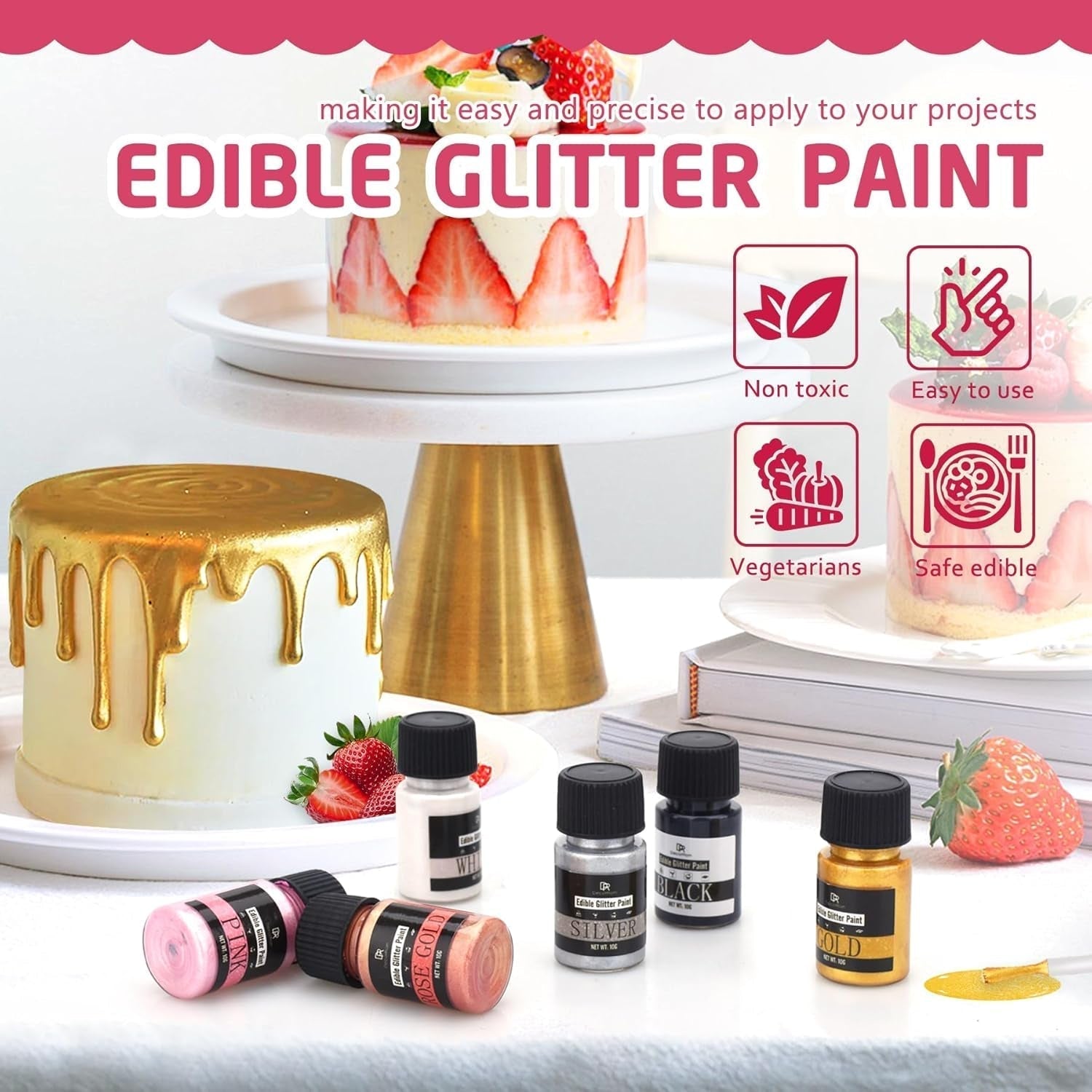 Spiselig flydende glitter - 6 farver metallisk glitter madfarve til kagepynt, bagning, muffins - spiseligt flydende glitter metallisk pulver til gør-det-selv kiks, fondant, kager