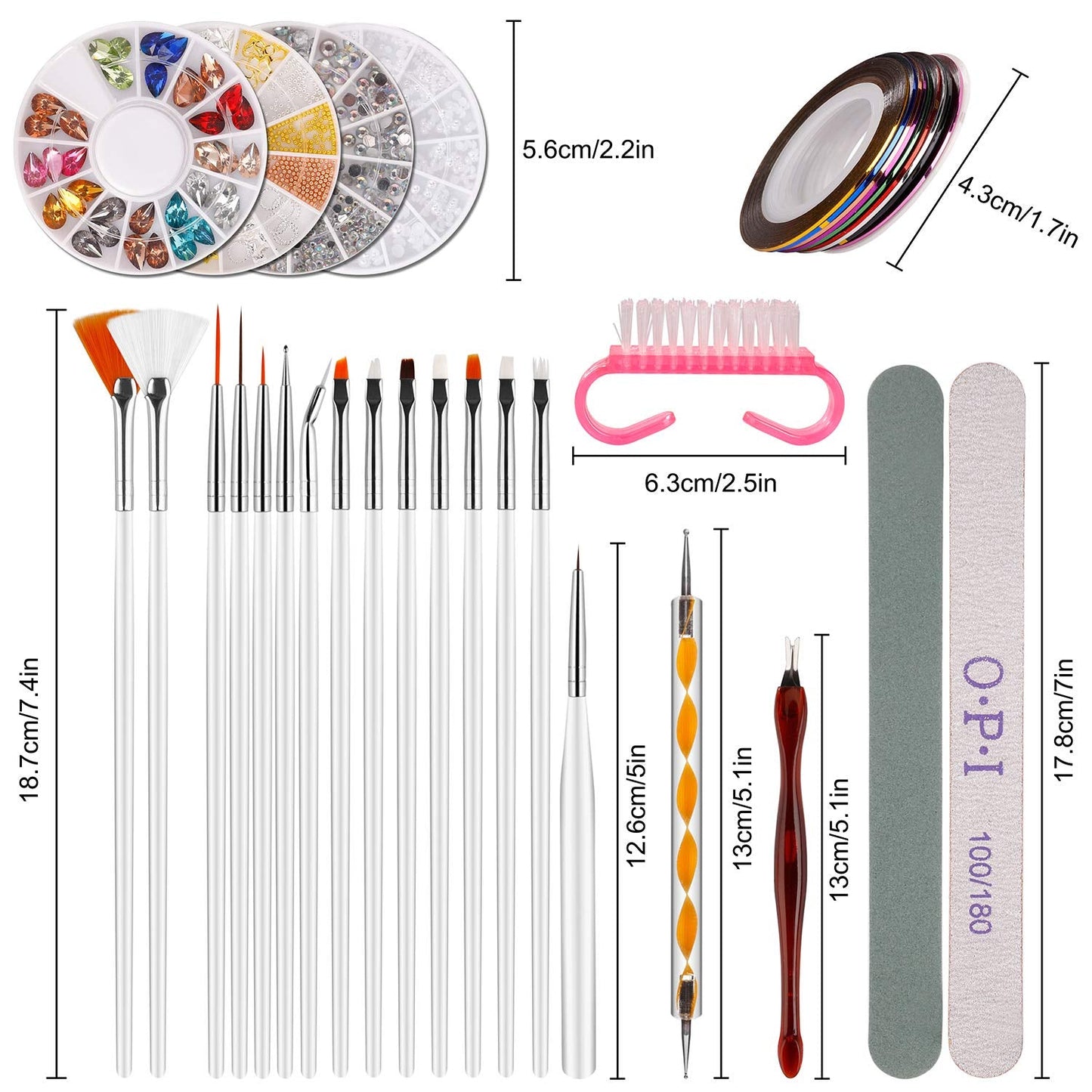 Nail Art Dekorationen & Nagelpinsel Sæt, Nageldesign Zubehör, Nagelset 5 Stk 2 Wege Punktierung Stift, 15 Malerei Polnisch Pinsel Sæt, 10 Streifenband, 4 Boxen Bunte Nagel Rhinestones Dekoration