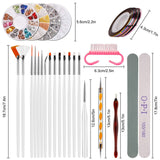 Nail Art Dekorationen & Nagelpinsel Sæt, Nageldesign Zubehör, Nagelset 5 Stk 2 Wege Punktierung Stift, 15 Malerei Polnisch Pinsel Sæt, 10 Streifenband, 4 Boxen Bunte Nagel Rhinestones Dekoration