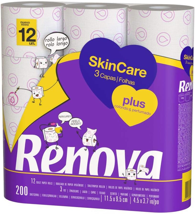 Renova - Toiletpapir Skin Care Plus, Dekoreret, Duftende - 12 ruller (Toiletpapir)