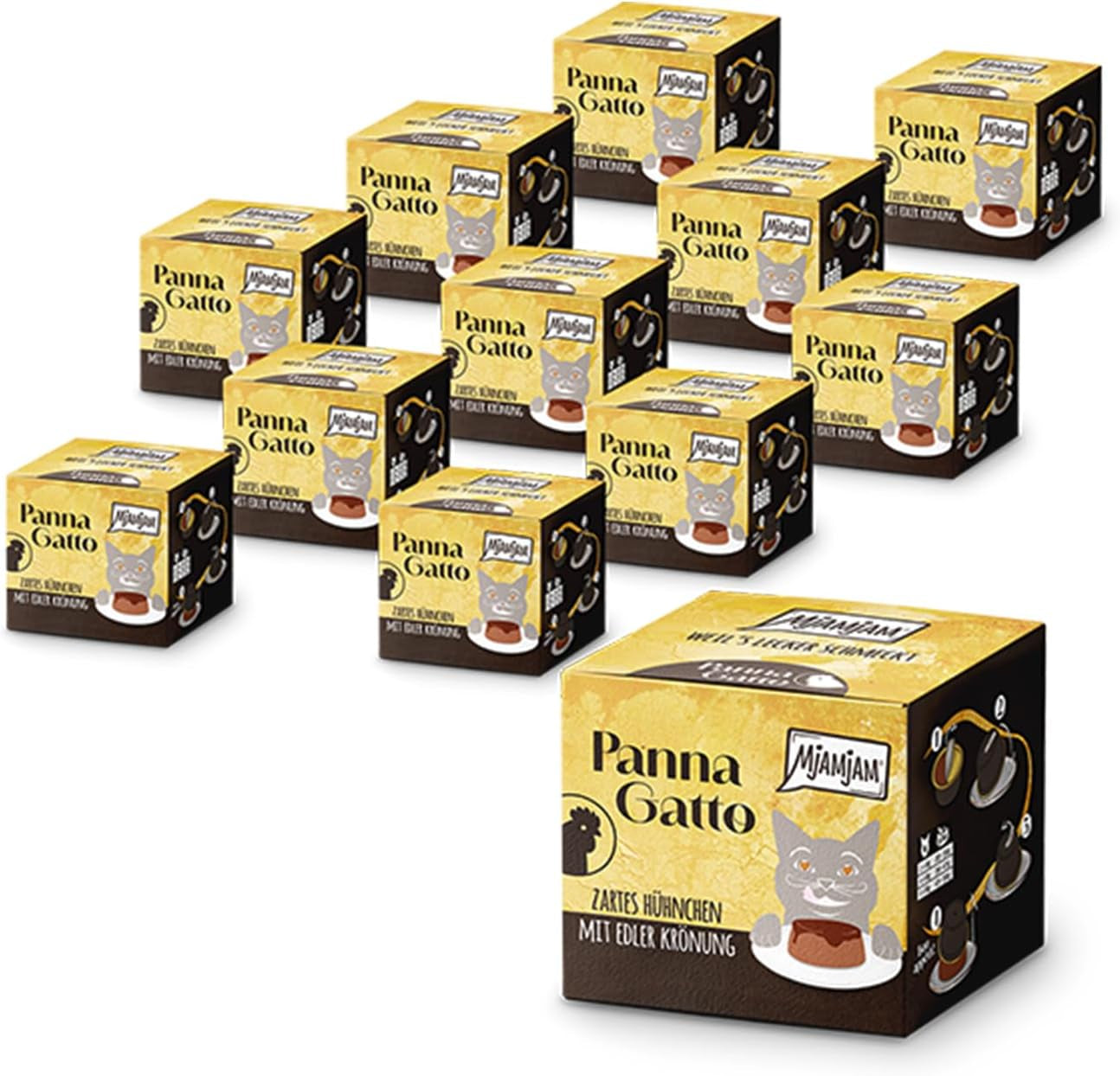 MjAMjAM - Premium vådfoder til katte - Panna Gatto - mør kylling med en ædel topping, pakke med 12 stk (2x80g), kornfri