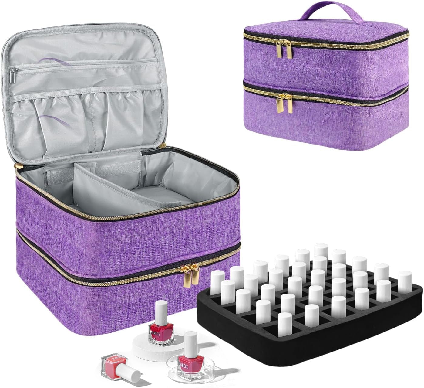 Nail Lacquer Organizer Tasche, Doppelschicht Nail Lacquer Opbevaringsboks, Organizer Koffer Für Nageldesign Kosmetiktasche Für 30 Flaschen Neonail Base(15Ml-0.5 Fl.Oz) & 1 Neglelampe(Schwarz)
