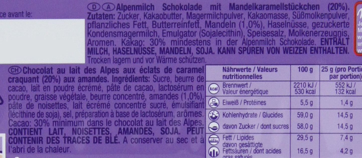 & Daim 1 x 100g I Alpine mælkechokolade I med stykker af karamel og mandler I 100% Alpine mælkechokolade I Chokoladebar med Daim (pakke med 4)