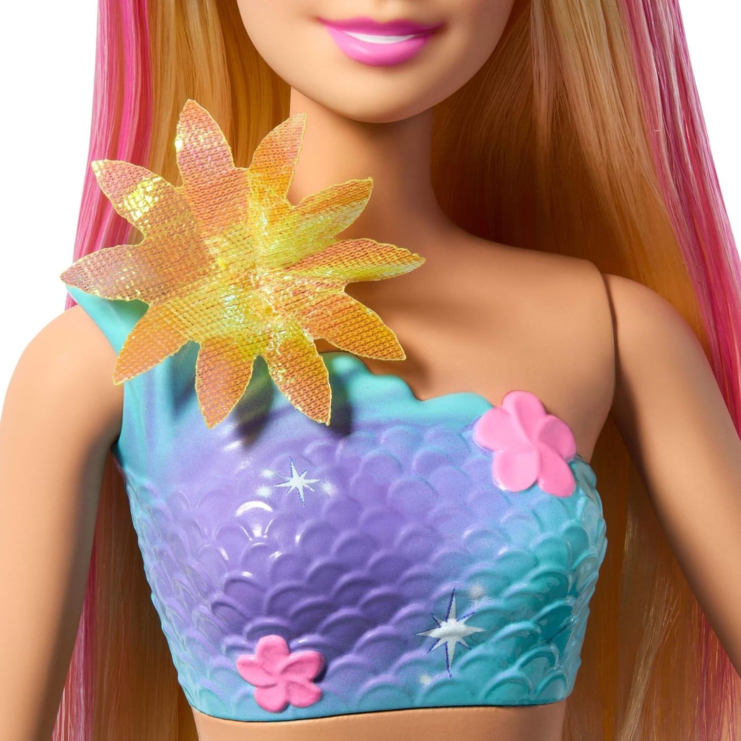 Barbie Meerjungfrauen-Spielzeug Puppe mit magischer Überraschungs Blüte, Schwanzflosse mit Farbverlauf, perlenbesetzten Haarreif og lange blonde Haar med rosa Strehchen, JDM72