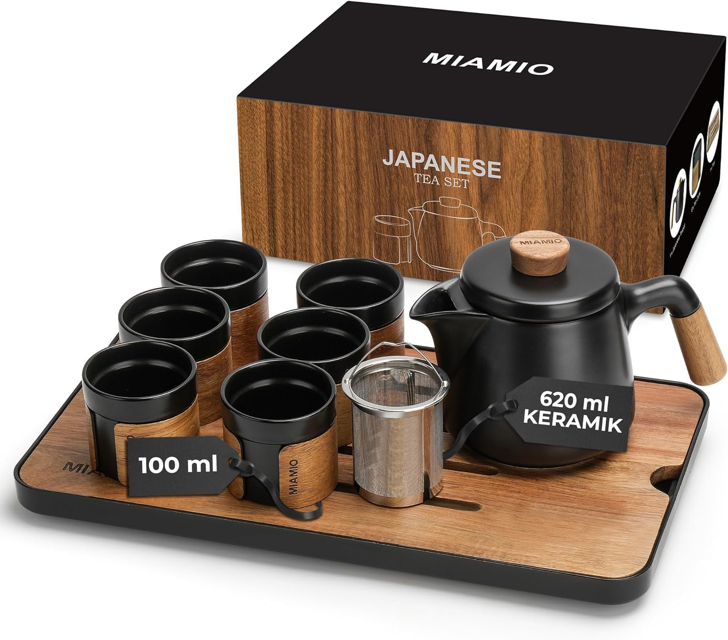 MIAMIO - Japansk/kinesisk tesæt 6 x 100 ml / Asiatisk tekande 620 ml med teinfuser, traditionelt japansk tekandesæt til teelskere/mænd/kvinder (sort)