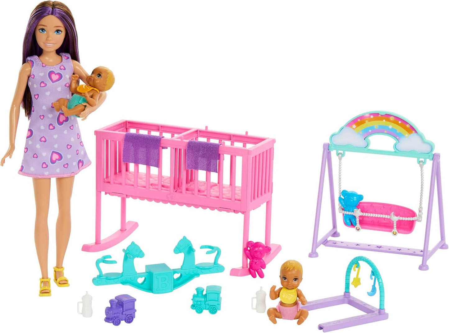 Barbie Skipper dukke og legehus med tilbehør, inkluderer tvillingdukker, 1 krybbe, 1 gynge, 1 rocker og mere, HXM99