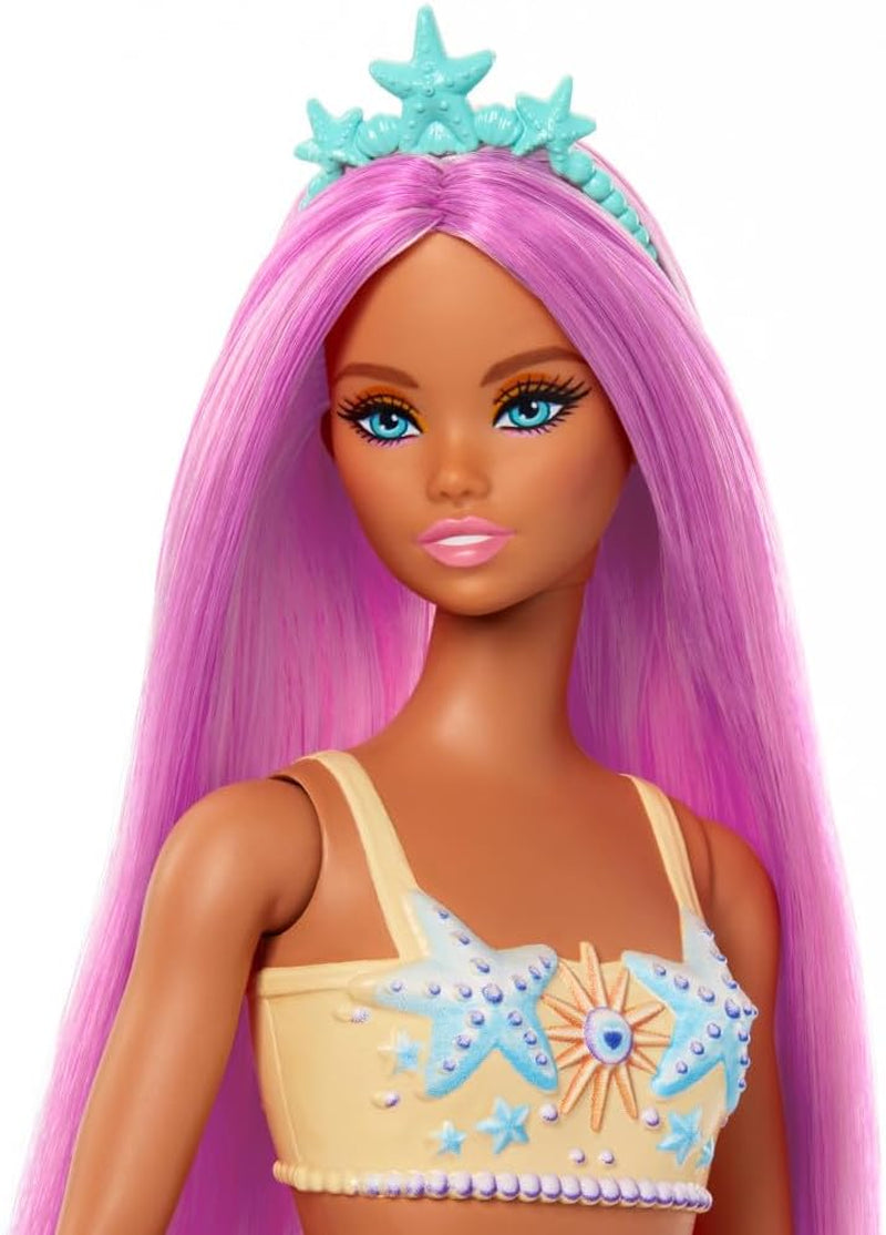 Havfrue Barbie-dukke med fancy lyserødt hår og pandebånd, søstjernehoveddukke og blød orange halefinne, HRR05
