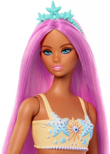 Havfrue Barbie-dukke med fancy lyserødt hår og pandebånd, søstjernehoveddukke og blød orange halefinne, HRR05