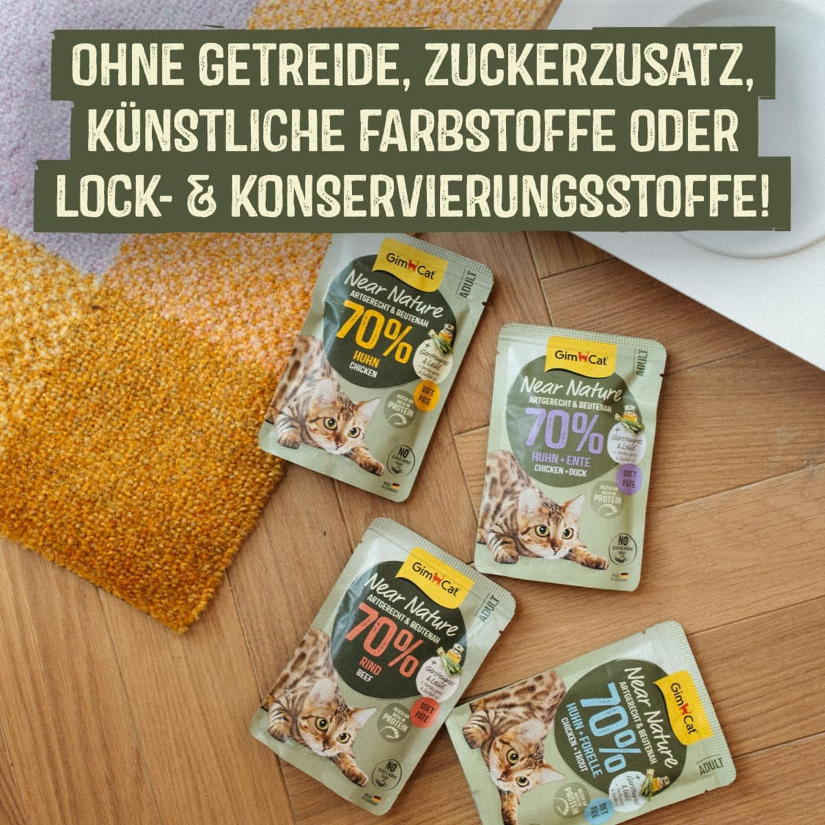 GimCat Near Nature Trial Mix 12 Pack - Vådkornsfrit foder til katte fra 7 måneder med en passende art og byttedyrsspecifik opskrift - 12 poser (12 x 85g)