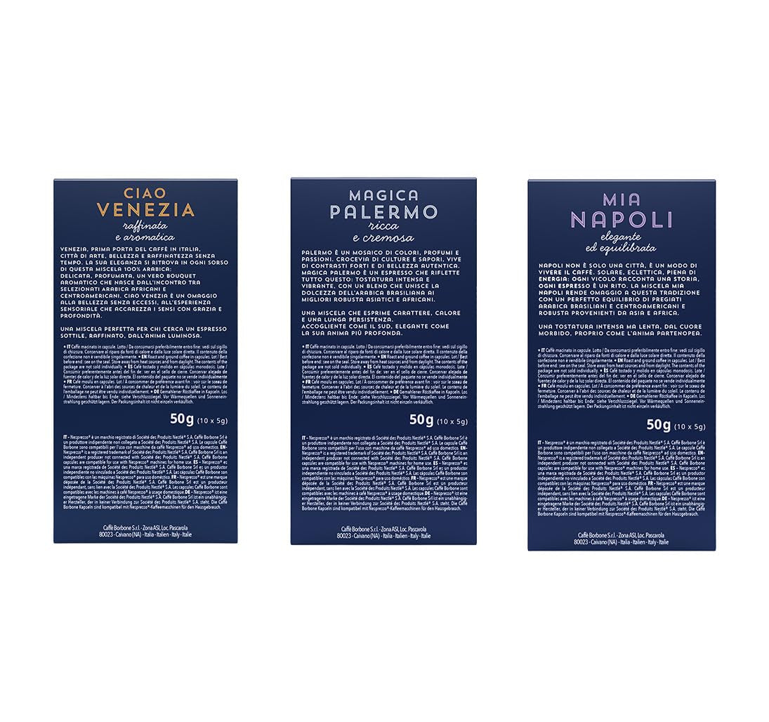 Caffè Borbone Verkostung Kit, 90 aluminiumskapsler: 30 Mia Napoli, 30 Ciao Venezia, 30 Magica Palermo, (3 x 30 Stück) – Kompatibel med Kaffeemaschinen für den Hausgebrauch af Nespresso®-mærket*